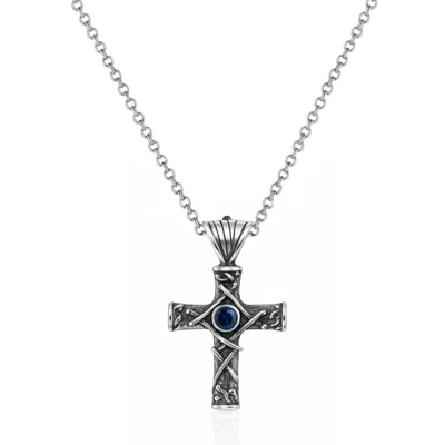 Unaloe Silver / Blue Men's Sapphire Cross Necklace – Sterling Silver Ornate Pendant In Silver/blue