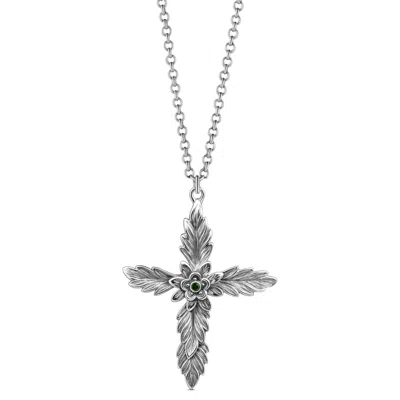 Unaloe Silver / Green Men's Emerald Cross Necklace – Sterling Silver Floral Pendant In Silver/green