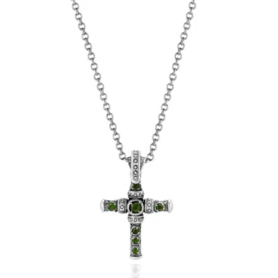 Unaloe Silver / Green Men's Emerald Cross Necklace – Sterling Silver Gemstone Pendant In Silver/green