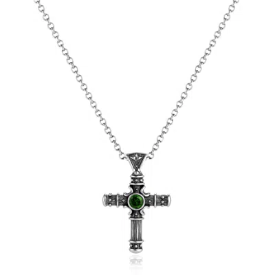 Unaloe Silver / Green Men's Emerald Cross Necklace – Sterling Silver Pendant In Silver/green