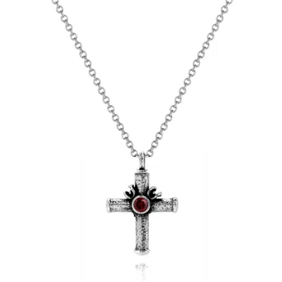 Unaloe Silver / Red Men's Ruby Cross Necklace – Hammered Sterling Silver Pendant In Silver/red