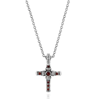Unaloe Silver / Red Men's Ruby Cross Necklace – Sterling Silver Gemstone Pendant In Silver/red