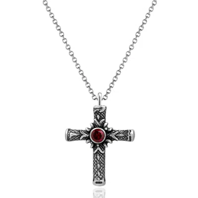 Unaloe Silver / Red Men's Ruby Cross Necklace – Textured Sterling Silver Pendant In Silver/red