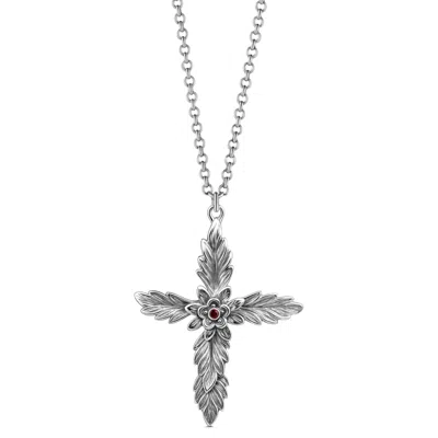 Unaloe Silver / Red Men's Ruby Floral Cross Necklace – Sterling Silver In Silver/red