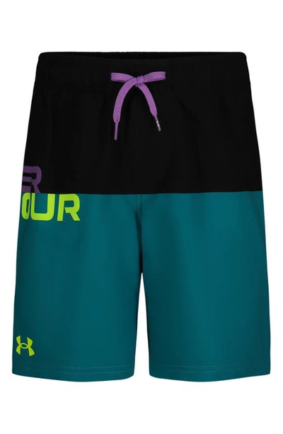 Under Armour Kids' Logo Colorblock Volley Swim Trunks In Circuit Teal