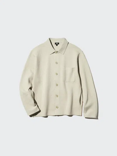 Uniqlo Men's Milano Ribbed Shirt Collar Cardigan, Natural, 2xs In Metallic