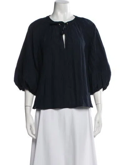 Pre-owned Unsubscribed Tie Neck Three-quarter Sleeve Top In Blue