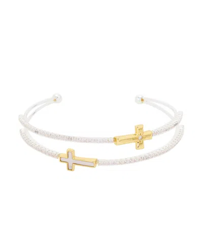 Unwritten Cubic Zirconia And Mother-of-pearl Cross Cuff Bracelet In Silver