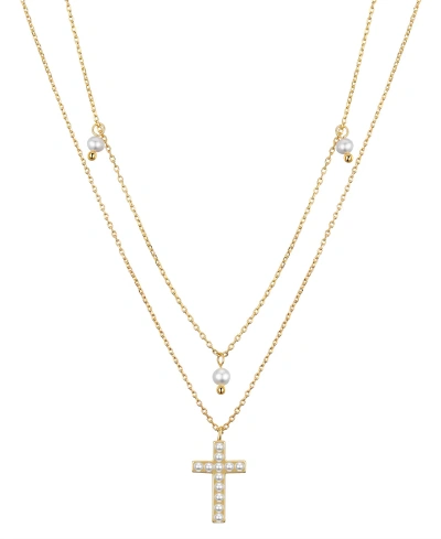 Unwritten Freshwater Imitation Pearl Cross Necklace Set In Gold