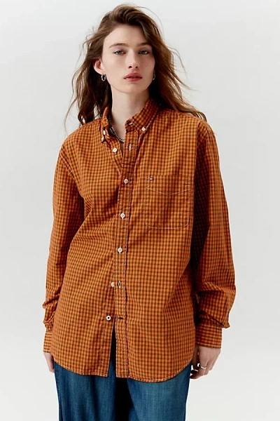 Urban Renewal Remade Overdyed Oversized Check Button-down Shirt In Orange, Women's At Urban Outfitters