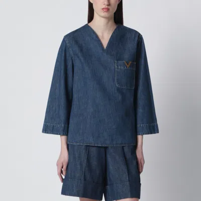 Valentino Denim Shirt With V Gold Details In Blue