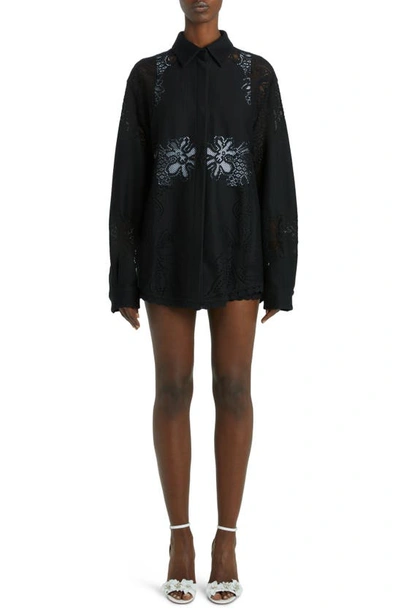 Valentino Floral Pointelle Long Sleeve Cotton Blend Shirt In Nero