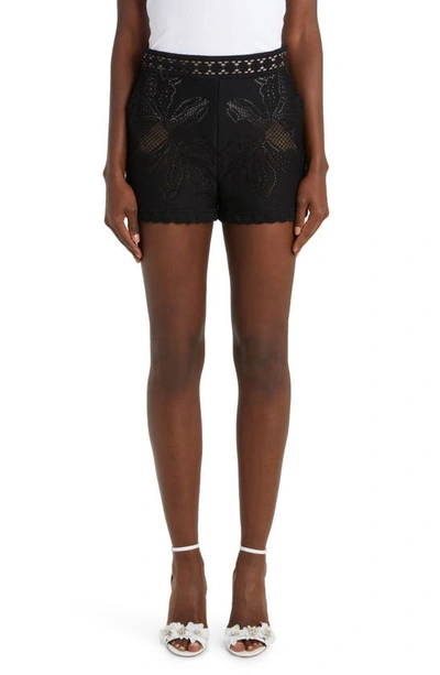 Valentino Floral Pointelle Stretch Cotton Shorts In Nero