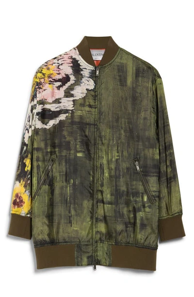 Valentino Floral Silk Bomber Jacket In Brushed Army