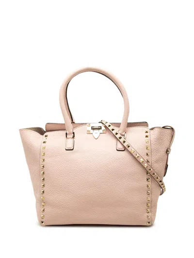 Pre-owned Valentino Garavani 2018-2026 Medium Leather Rockstud Double Handle Tote Satchel In Pink