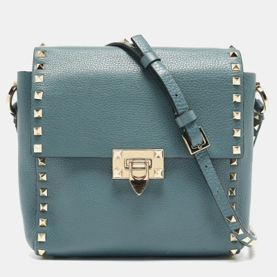 Pre-owned Valentino Garavani Blue Leather Rockstud Flip Lock Flap Messenger Bag