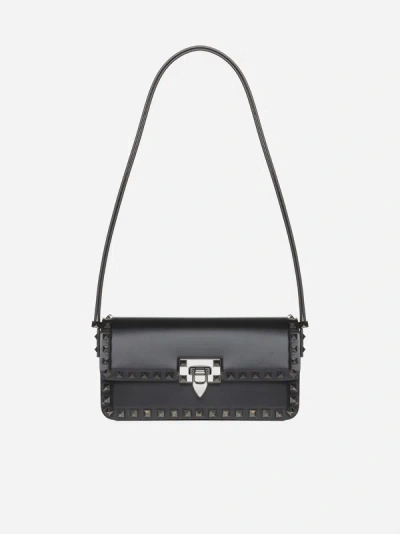 Valentino Garavani East West Rockstud Leather Shoulder Bag In Black