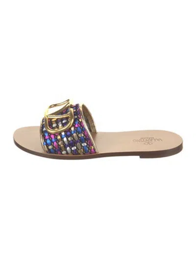 Pre-owned Valentino Garavani Leather Patterned Slides W/ Tags In Neutrals