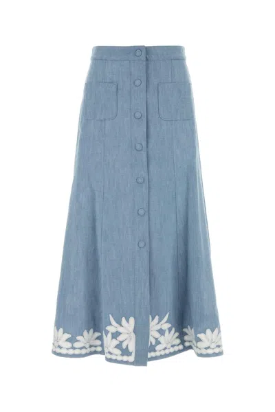 Valentino Garavani Lightweight Cotton Chambray Skirt In Blue