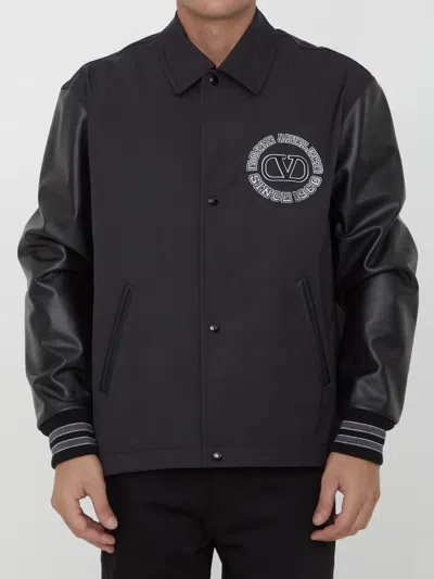 Valentino Garavani Nylon Track Bomber Jacket In Black