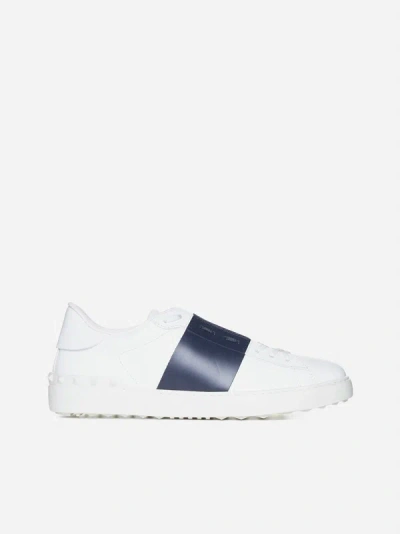 Valentino Garavani Open Leather Sneakers In White,navy Blue