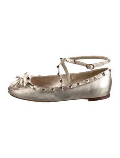 Pre-owned Valentino Garavani Rockstud Accents Leather Ballet Flats In Gold