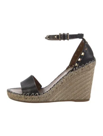 Pre-owned Valentino Garavani Rockstud Accents Leather Espadrilles In Black/neutrals