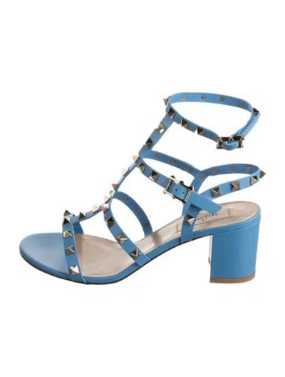 Pre-owned Valentino Garavani Rockstud Accents Leather Gladiator Sandals In Blue