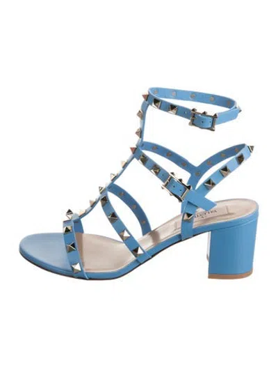 Pre-owned Valentino Garavani Rockstud Accents Leather Gladiator Sandals W/ Tags In Blue