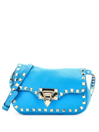 Pre-owned Valentino Garavani Rockstud Flip Lock Flap Bag Leather Mini Crossbody Bag In Blue
