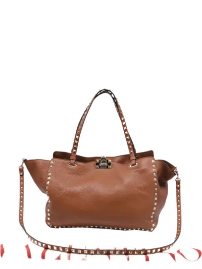 Pre-owned Valentino Garavani Rockstud Leather Tote Bag In Brown