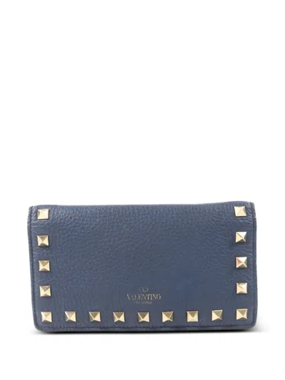 Pre-owned Valentino Garavani Rockstud Leather Wallet In Blue