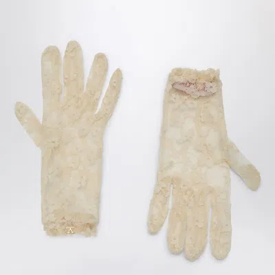 Valentino Garavani Vlogo Signature Butter-coloured Lace Gloves In Beige