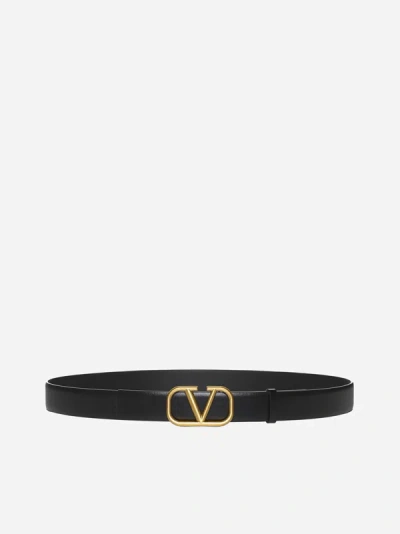 Valentino Garavani Fondant Calf Leather V Signature Belt In Black