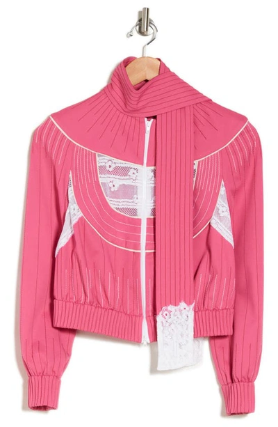 Valentino Lace Detail Scarf Collar Bomber Jacket In Shadow Pink/bianco