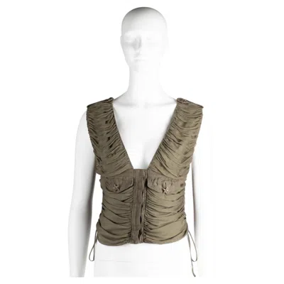 Pre-owned Valentino Ss 2003 Runway Khaki Ruched Military Vest Top With Crystal Stars In Gray
