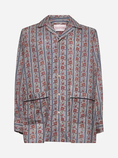Valentino Voyage Imaginaire Print Muslin Pyjama Shirt In Beige/blu/rosso