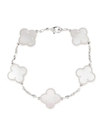 Pre-owned Van Cleef & Arpels Mother Of Pearl Vintage Alhambra Bracelet, 5 Motifs, 6.5" In White
