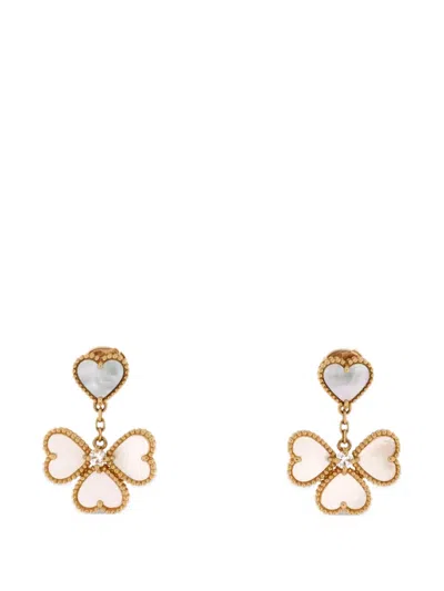 Pre-owned Van Cleef & Arpels Sweet Alhambra Effeuillage Heart 18k Yellow Gold With Mother Of Pearl And Diamonds Earrings