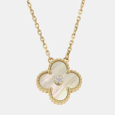 Pre-owned Van Cleef & Arpels Vintage Alhambra Diamond 18k Yellow Gold Mother Of Pearl Necklace