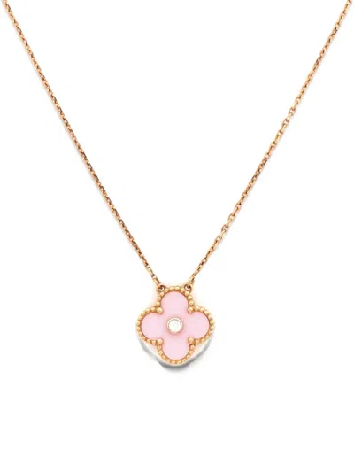 Pre-owned Van Cleef & Arpels Vintage Alhambra Pendant 18k Rose Gold And Pink Sevres Porcelain With Diamond Necklace