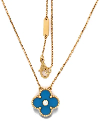 Pre-owned Van Cleef & Arpels Vintage Alhambra Pendant 18k Yellow Gold And Blue Sevres Porcelain With Diamond Necklace
