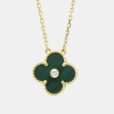 Pre-owned Van Cleef & Arpels 18k Yellow Gold Malachite And Diamond Vintage Alhambra Pendant Necklace