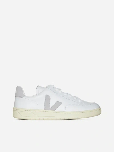 Veja V-12 Leather Sneakers In White,light Grey