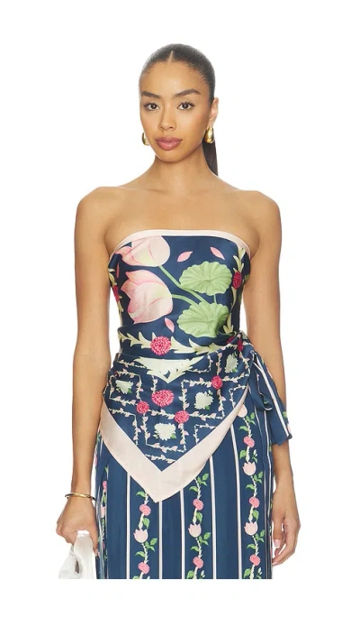 Verandah Lotus And Mallipoo Scarf Blouse In Navy Lotus Scarf