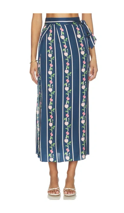 Verandah Toran Silk Luxe Skirt In Navy Blue Lotus Border