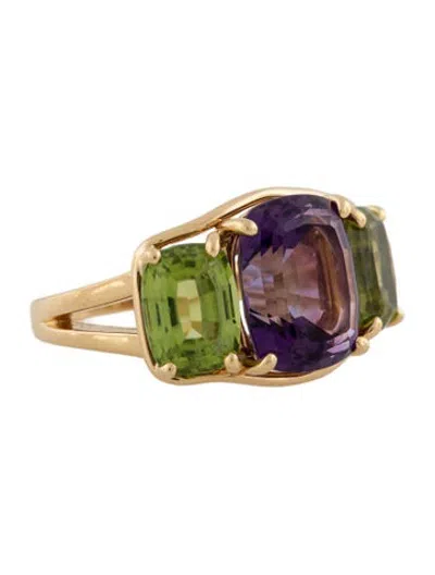 Pre-owned Verdura 18k Amethyst & Peridot Three Stone Ring In Multicolor