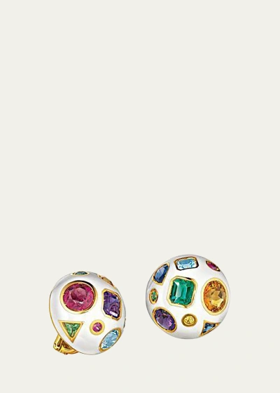 Verdura Fulco White Enamel And 18k Gold Multi-stone Earclips