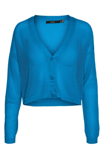 Vero Moda Lexsun Mesh Knit Crop Cardigan In Ibiza Blue