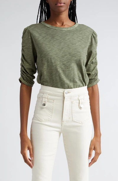 Veronica Beard Waldort Ruched Sleeve Pima Cotton Top In Stone Army